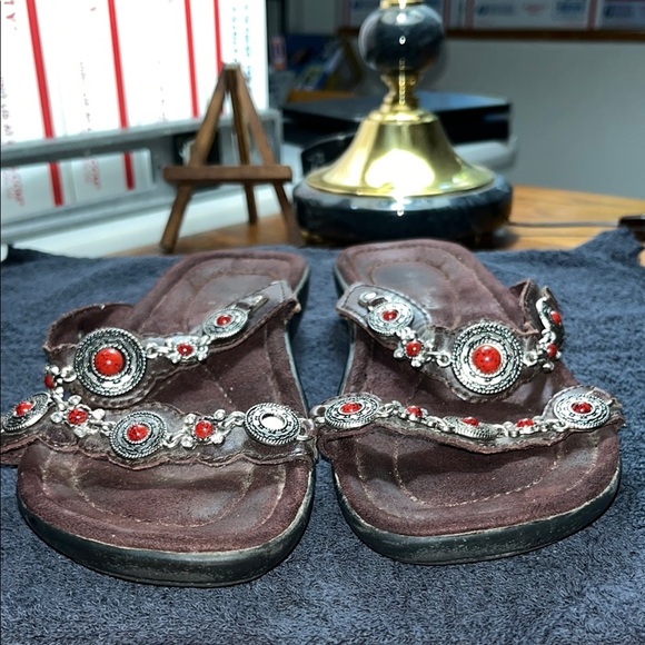 Minnetonka Shoes - Minnetonka Brown antiqued silver and red stones sandals.